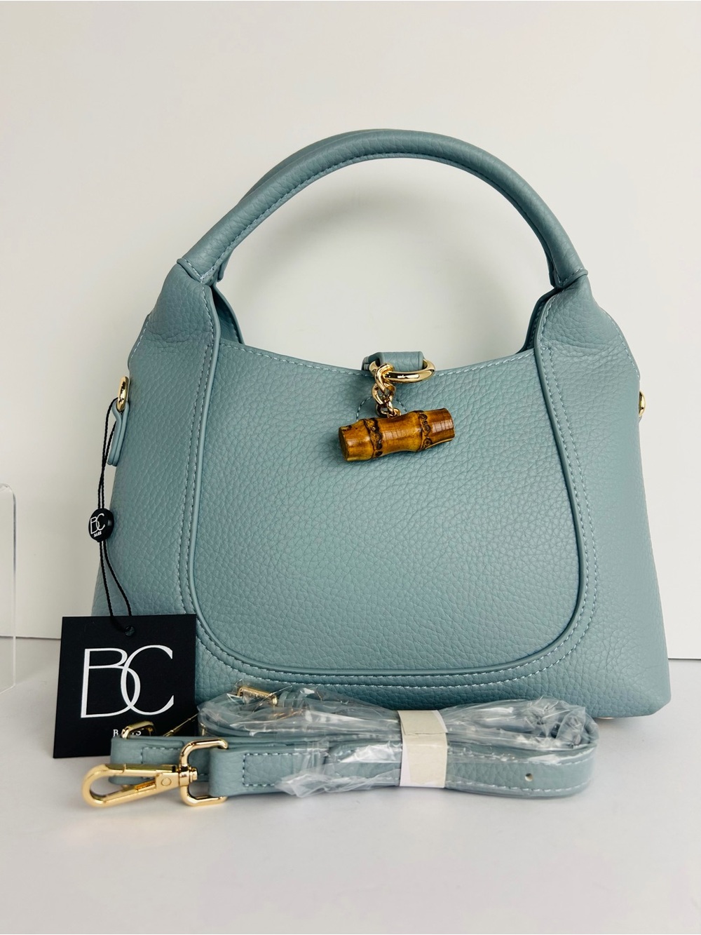 BC Bags Womens Handbag PU Pebbled Light Blue Matching Pouch Adjustable Strap NWT
